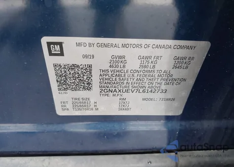 2020 Chevrolet Equinox Awd Lt 1.5L Turbo z USA, uszkodzony, nr VIN 2GNAXUEV7L6142733